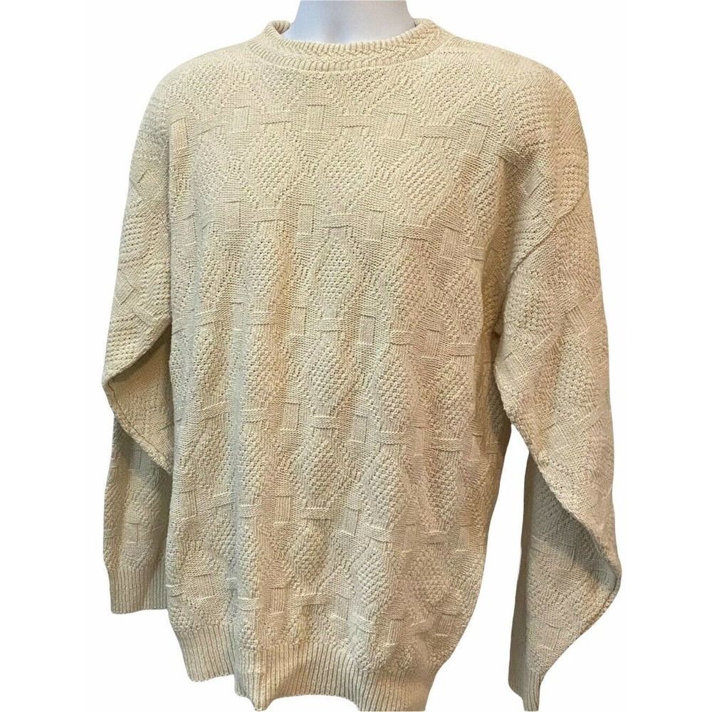 John Weitz Mens Vtg USA Made Heavy Chunky Cable Knit Ivory Sweater Size Medium